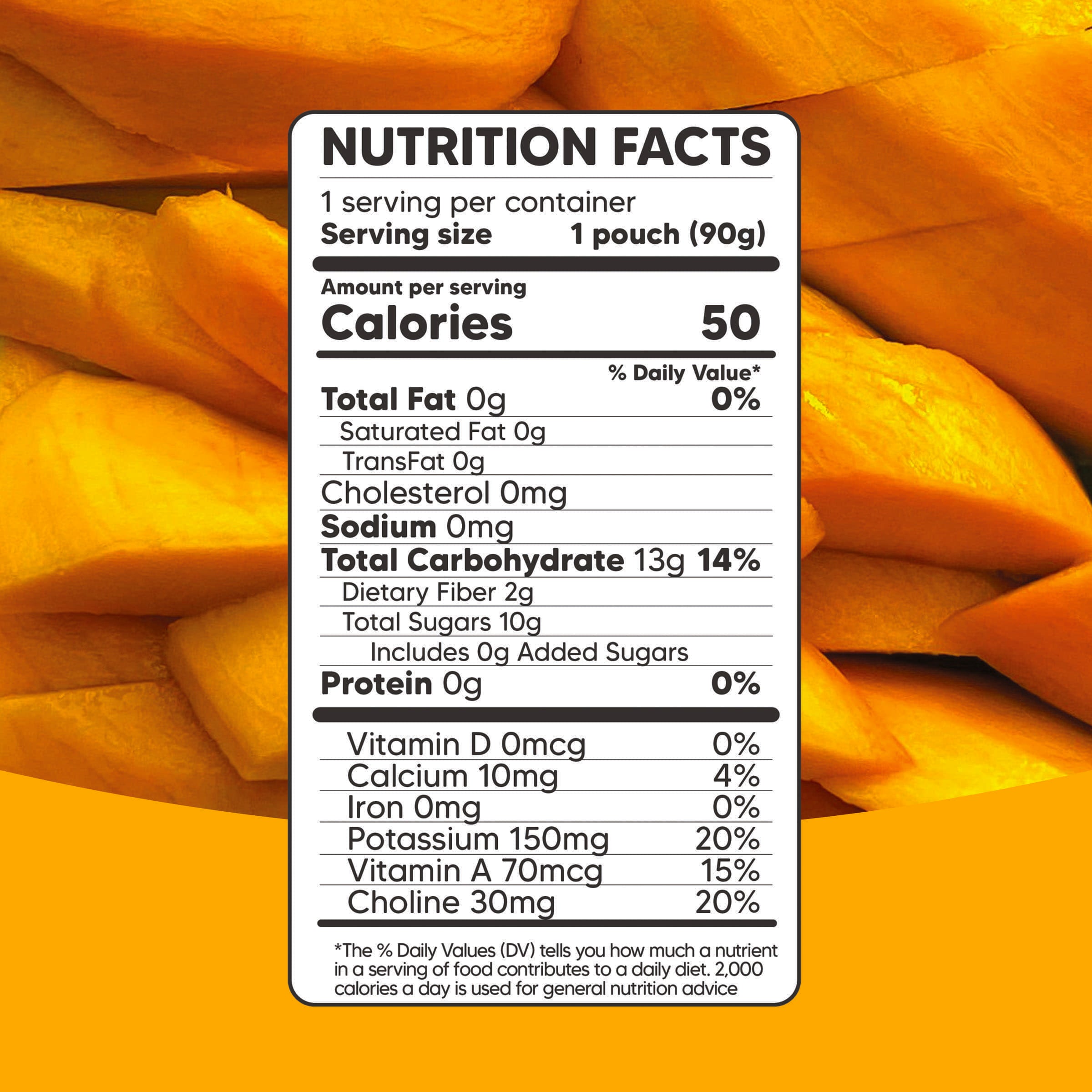 Nutrition facts label for Sophie's Organics - Mango To Tango (6-pack) showing 50 calories per 90g pouch with zero fat, sodium, and cholesterol, 13g carbohydrates, and vitamins displayed on a background of fresh mango slices.