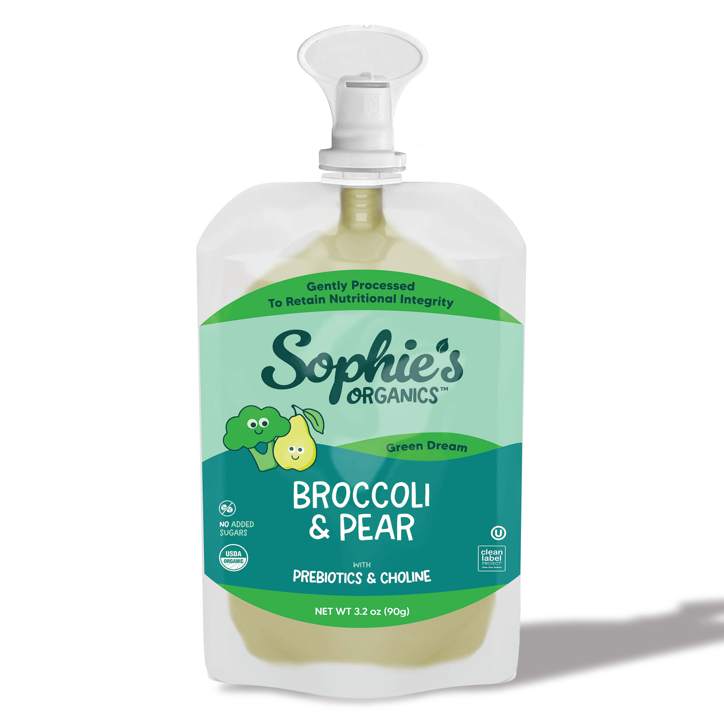 Close-up of a single pouch from Sophie's Organics - Dream (6-pack) featuring broccoli and pear baby puree with prebiotics and choline in a soft green and teal design, ideal for a curated children’s boutique offering stylish essentials for little ones and moms.
