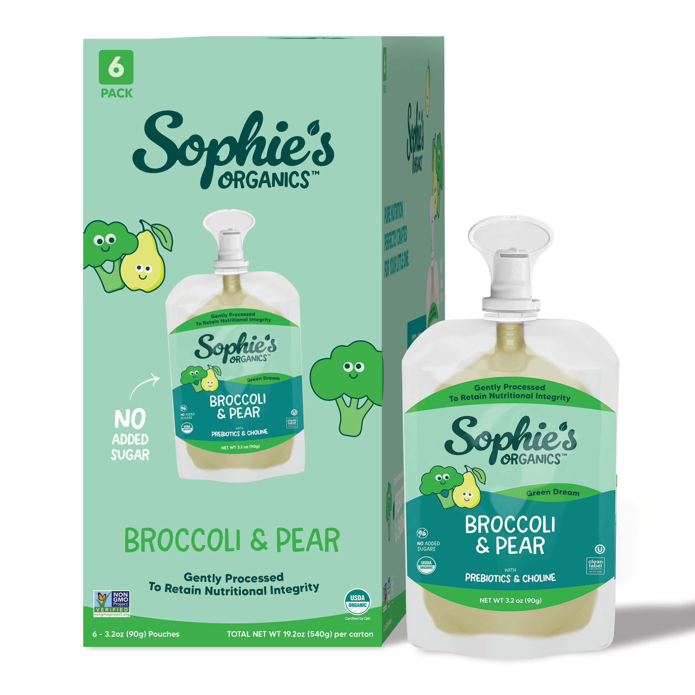 Sophie's Organics - Dream (6-pack) featuring broccoli and pear baby food pouches with prebiotics and choline, designed for soft neutral aesthetics and cozy baby essentials.