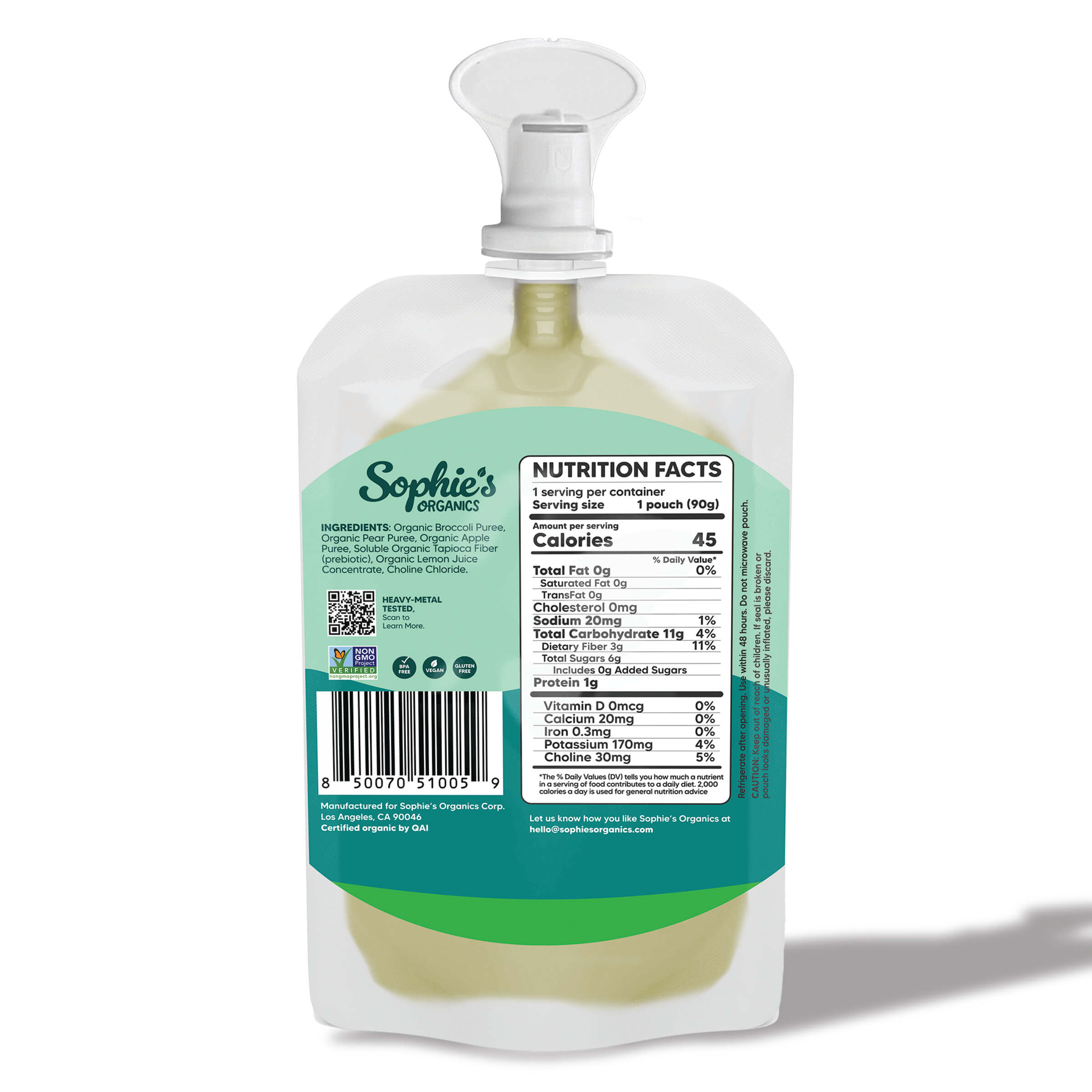 Back view of Sophie's Organics - Dream (6-pack) baby food pouch showing nutrition facts and ingredients, designed for modern families seeking cozy baby essentials and mom life essentials.
