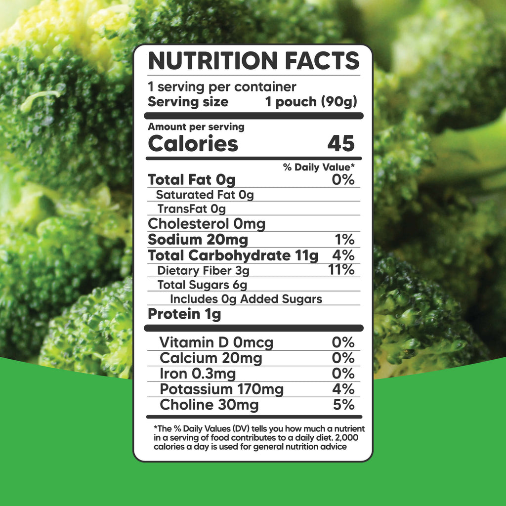 Nutrition facts label showing 45 calories per serving, zero fat, low sodium, 11% daily fiber, and 1 gram protein over a broccoli background for Sophie's Organics - Dream (6-pack) reflecting natural, wholesome baby food.