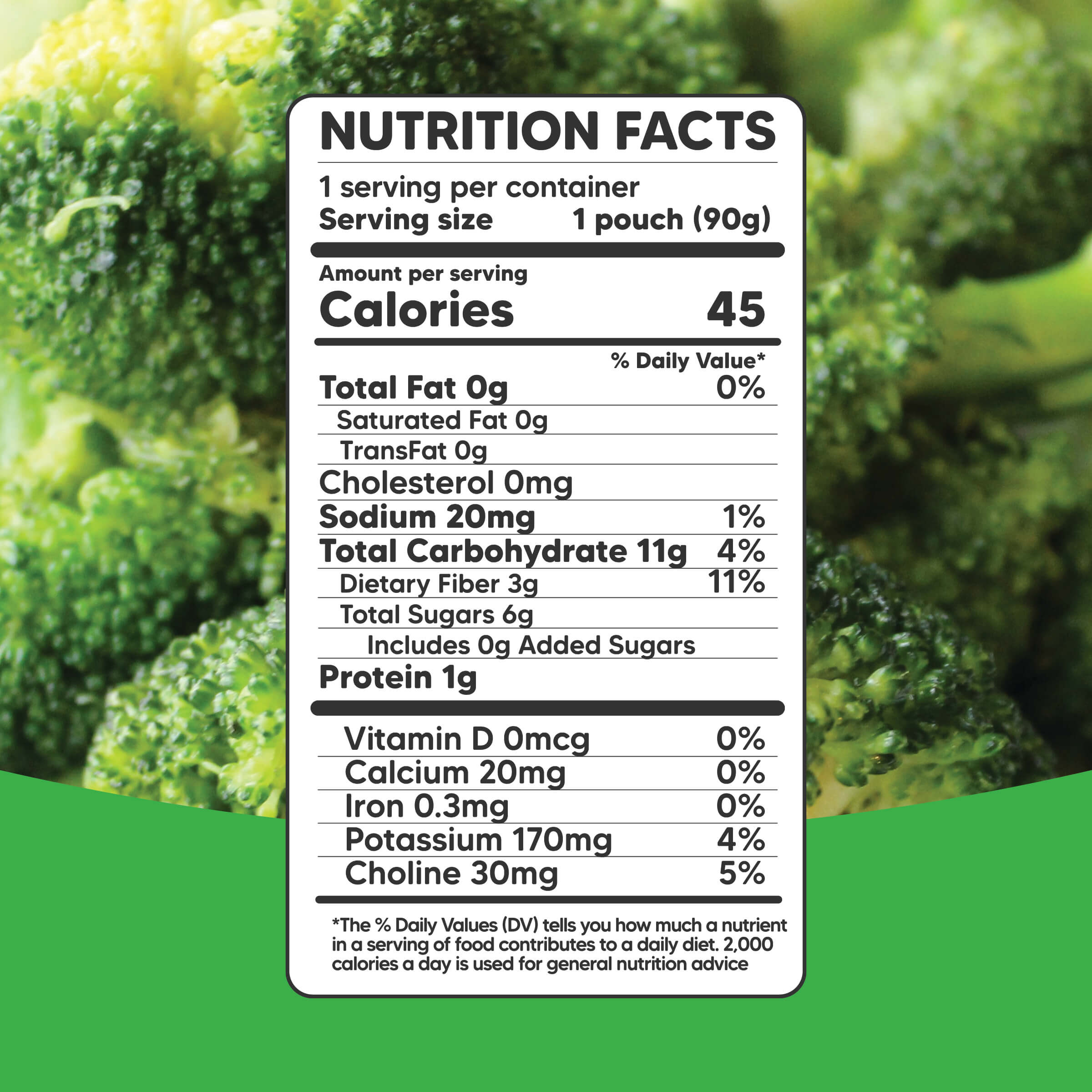 Nutrition facts label showing 45 calories per serving, zero fat, low sodium, 11% daily fiber, and 1 gram protein over a broccoli background for Sophie's Organics - Dream (6-pack) reflecting natural, wholesome baby food.
