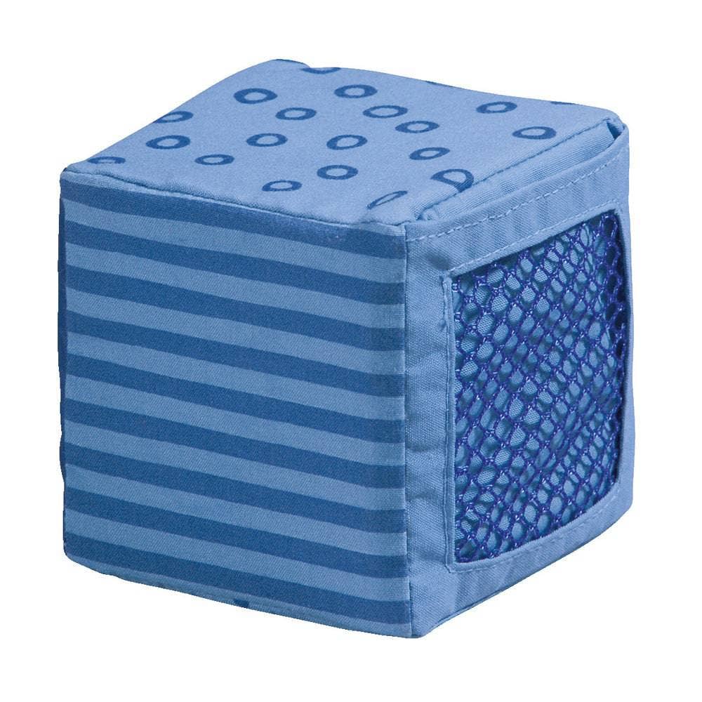 Soft blue fabric block with striped and circle patterns and a mesh side panel, part of the Happy Quartett Baby's 4 Piece Soft Block Set designed for sensory play and safe exploration.