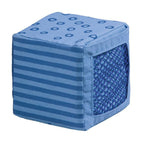 Soft blue fabric block with striped and circle patterns and a mesh side panel, part of the Happy Quartett Baby's 4 Piece Soft Block Set designed for sensory play and safe exploration.