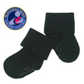 babysoy Inc - Babysoy Modern Stay on Socks: Pirate in black with fold-over cuffs, featuring non-slip soles, soft breathable fabric designed for toddlers, awarded Mom’s Choice Award for quality and comfort.