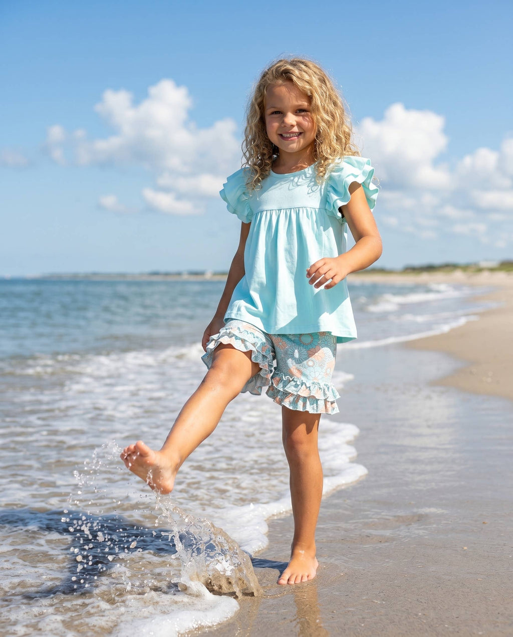 Sophia Light Teal Floral Ruffle Short Set