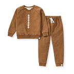 Brown children's sweatshirt and pants set with a white football graphic on a white background