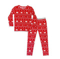 Bellabu Bear - Polar Isle Red Bamboo Kids Christmas Two-Piece Set featuring soft red fabric with white polar bear and winter motifs, perfect for cozy holiday wear in a curated children’s boutique.