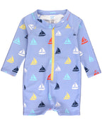RuffleButts + RuggedButts - Baby Boys Down By The Bay Long Sleeve One Piece Rash Guard Swimsuit: Blue / 18-24m