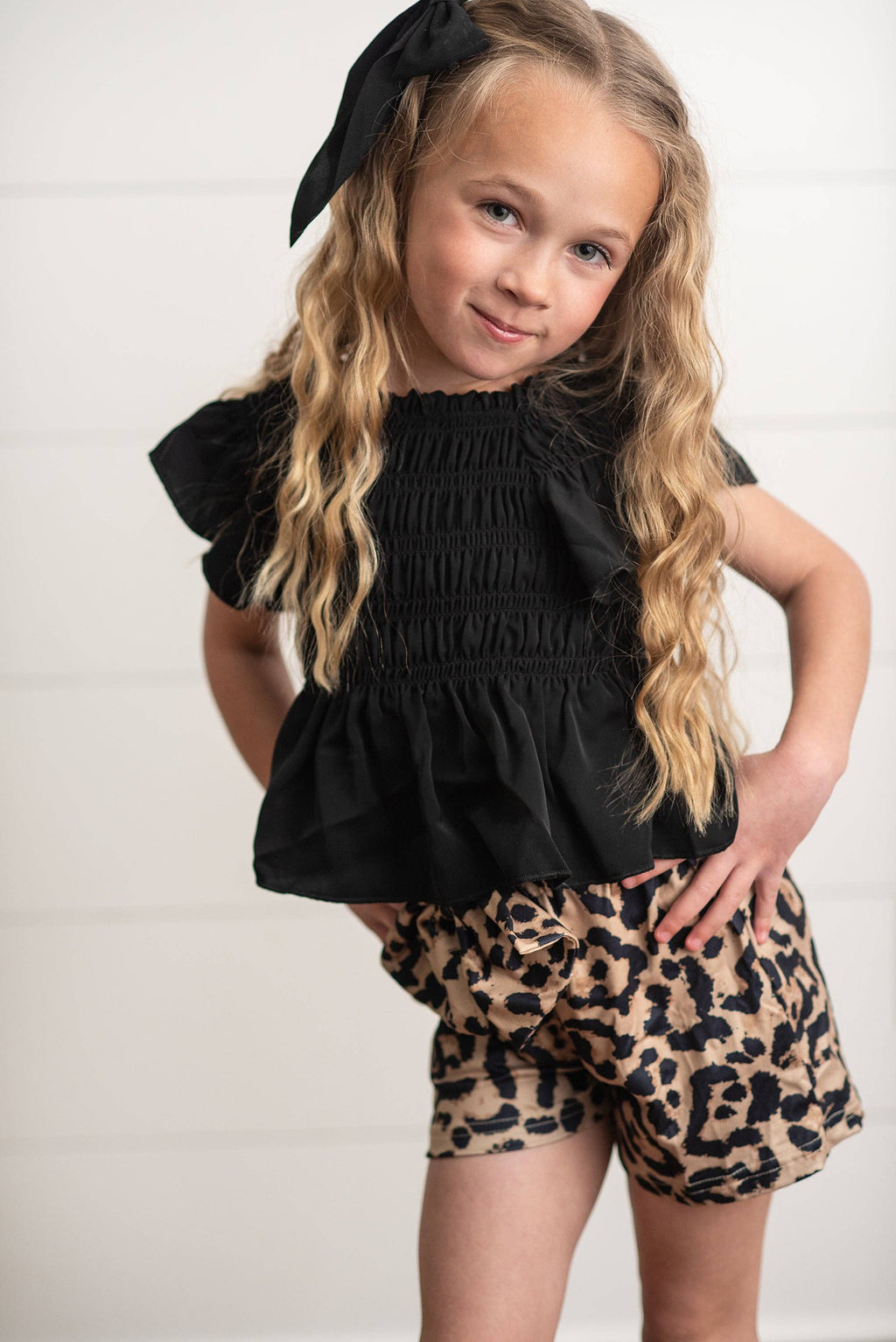 Adorable Sweetness - Girls Black Shirred Top & Leopard Print Bow Spring Short Set