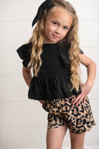 Adorable Sweetness - Girls Black Shirred Top & Leopard Print Bow Spring Short Set