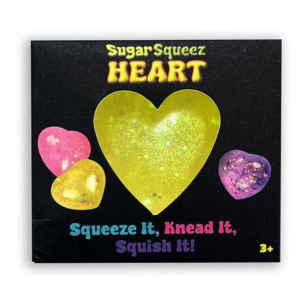 Sugar Squeeze Heart gummy candies in a black box with colorful text and illustrations of three heart-shaped gummies.