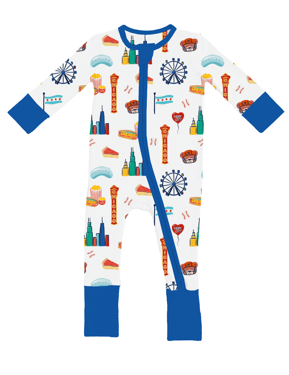 Convertible Footies - Bamboo - Blue Chicago featuring a full-length baby sleeper with playful Chicago-themed prints, blue trim, and cozy bamboo fabric for breathable comfort.