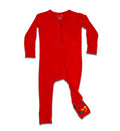 Bellabu Bear - Winterberry Red Bamboo Convertible Footie in vibrant red with a full-length zipper and cute bear face detail on the foot, made from soft, breathable fabric for cozy baby comfort.