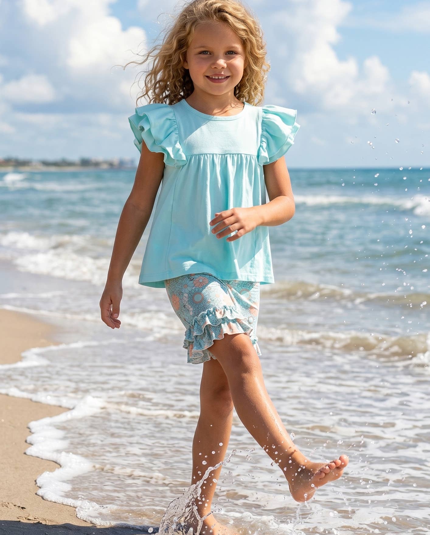 Sophia Light Teal Floral Ruffle Short Set