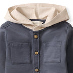 Children's hoodie with beige hood and blue body on a white background