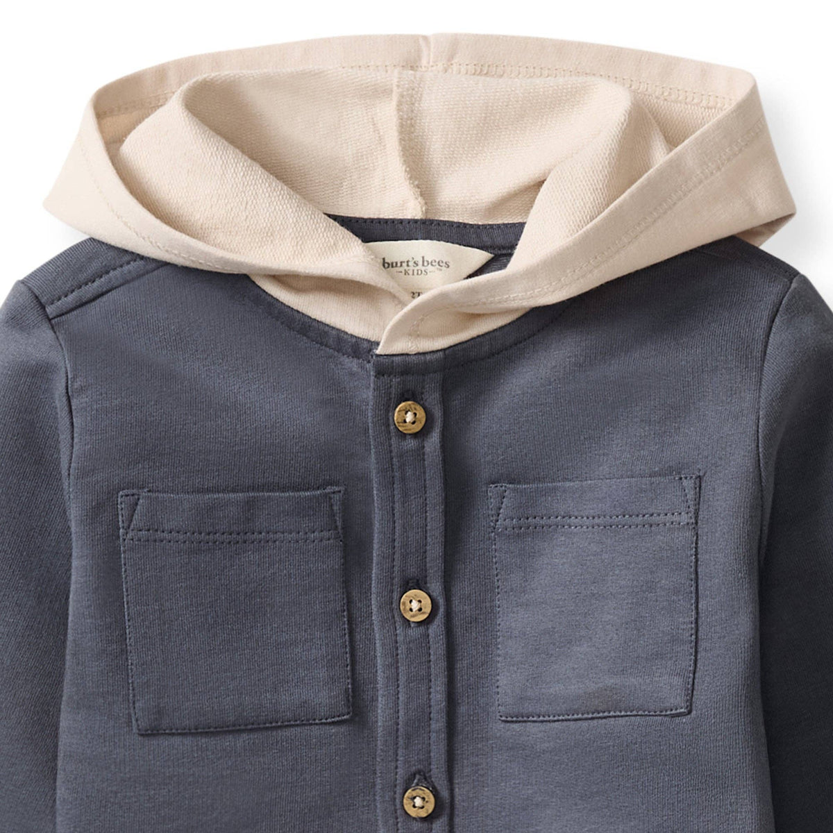 Children's hoodie with beige hood and blue body on a white background