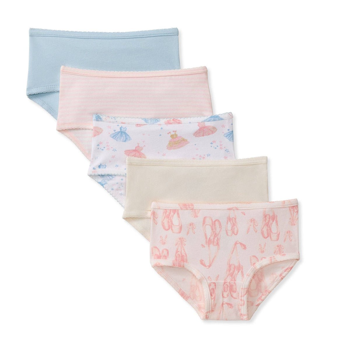A 5-pack of girl's brief underwear in pastel colors, featuring solid light blue, pink, and beige styles, as well as a white patterned pair with pink ballet dress and ribbon motifs. The products are arranged in a diagonal stack on a clean white background.