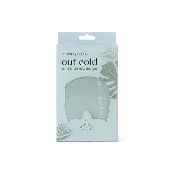Packaging of the Lemon Lavender - Out Cold Temp-Smart Migraine Cap in soft pastel blue with botanical leaf illustrations, highlighting innovative wellness product for soothing relief.