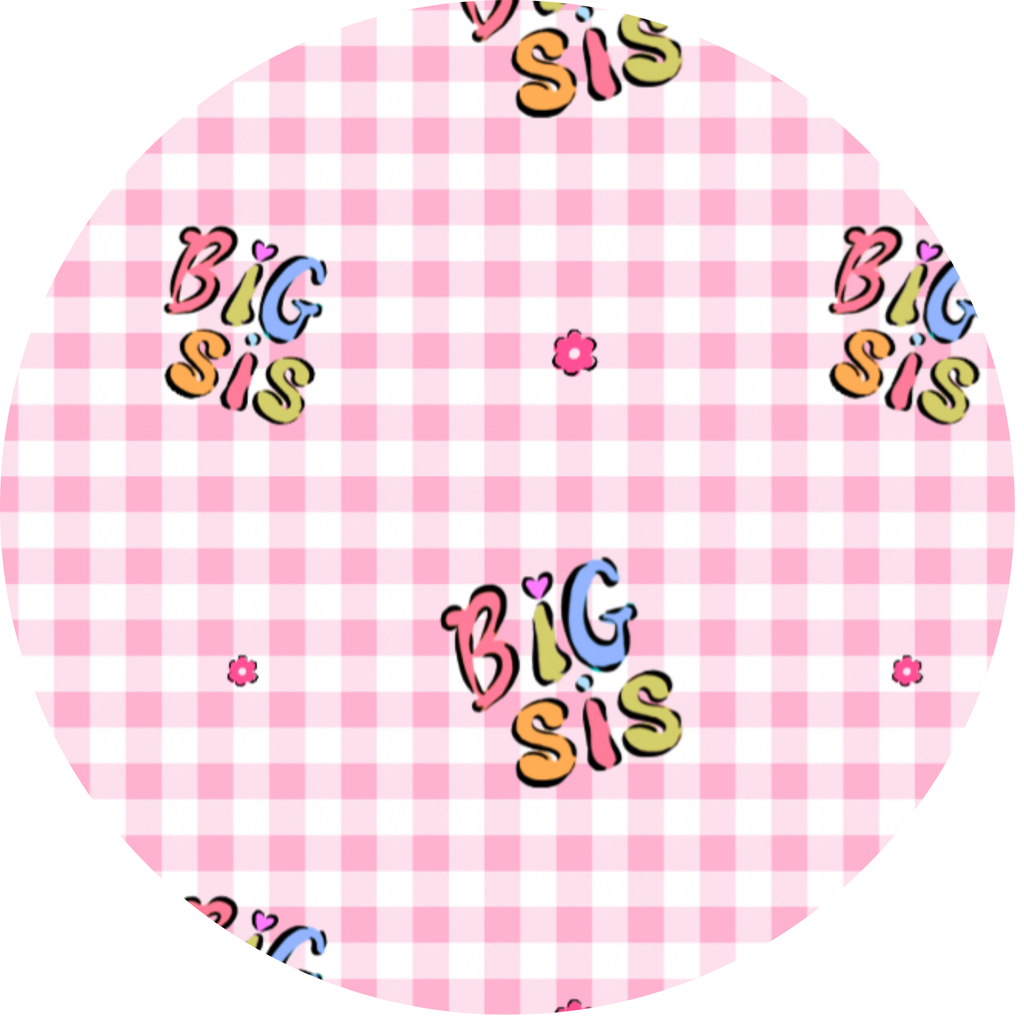 Pink checkered balloon with 'Big Sis' text and designs on a white background