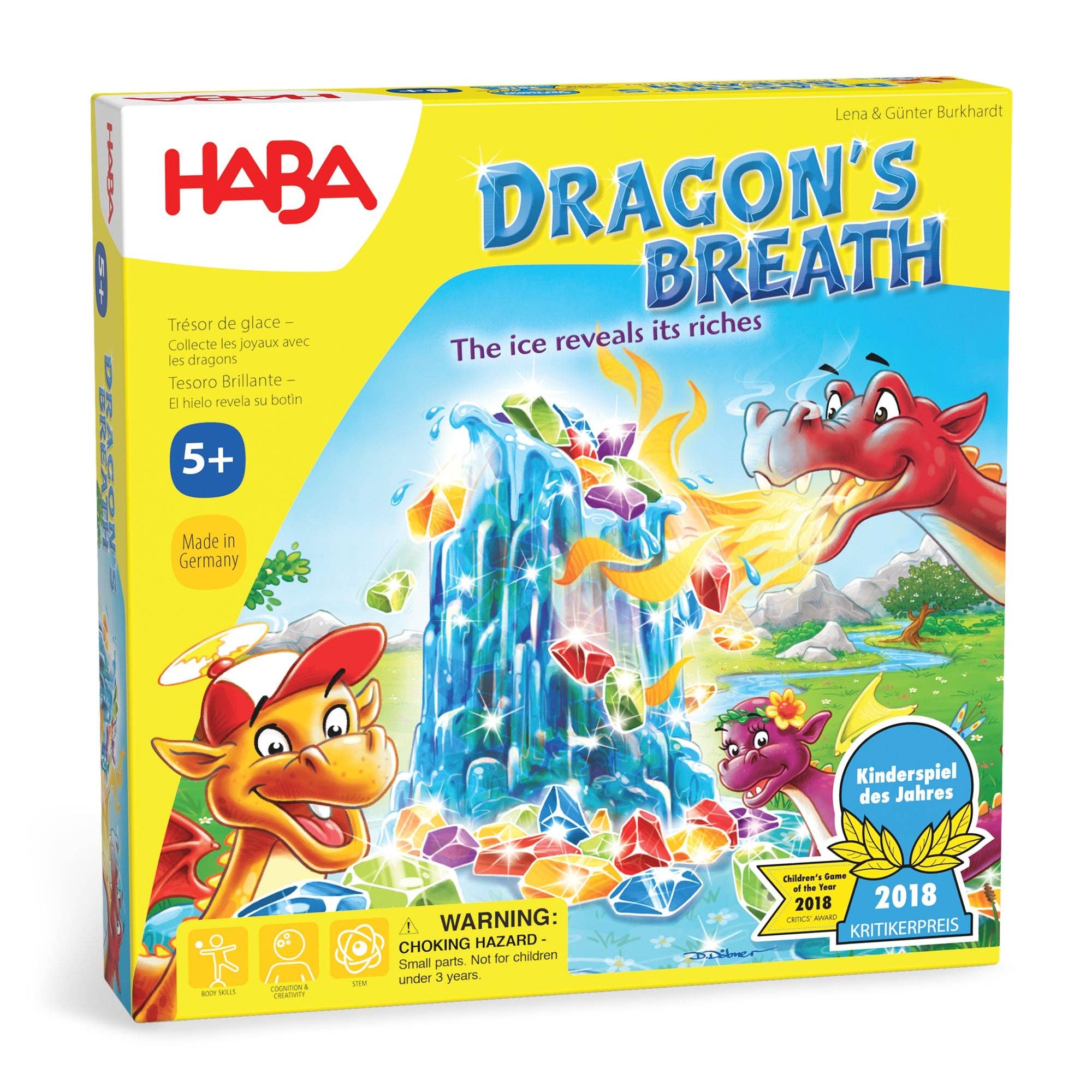 Dragon's Breath Game board game box featuring colorful dragons and a sparkling ice tower with gems, designed for imaginative play and family fun.