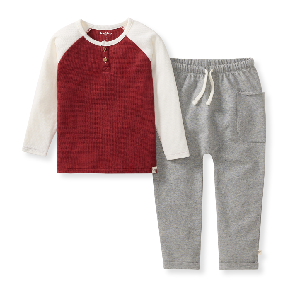 Burt's Bees Baby - Thermal Organic Boy Tee & Pants Set - Brick Red featuring a cozy brick red long-sleeve tee with cream sleeves and soft grey pants with a drawstring waist, perfect for stylish kids clothing.