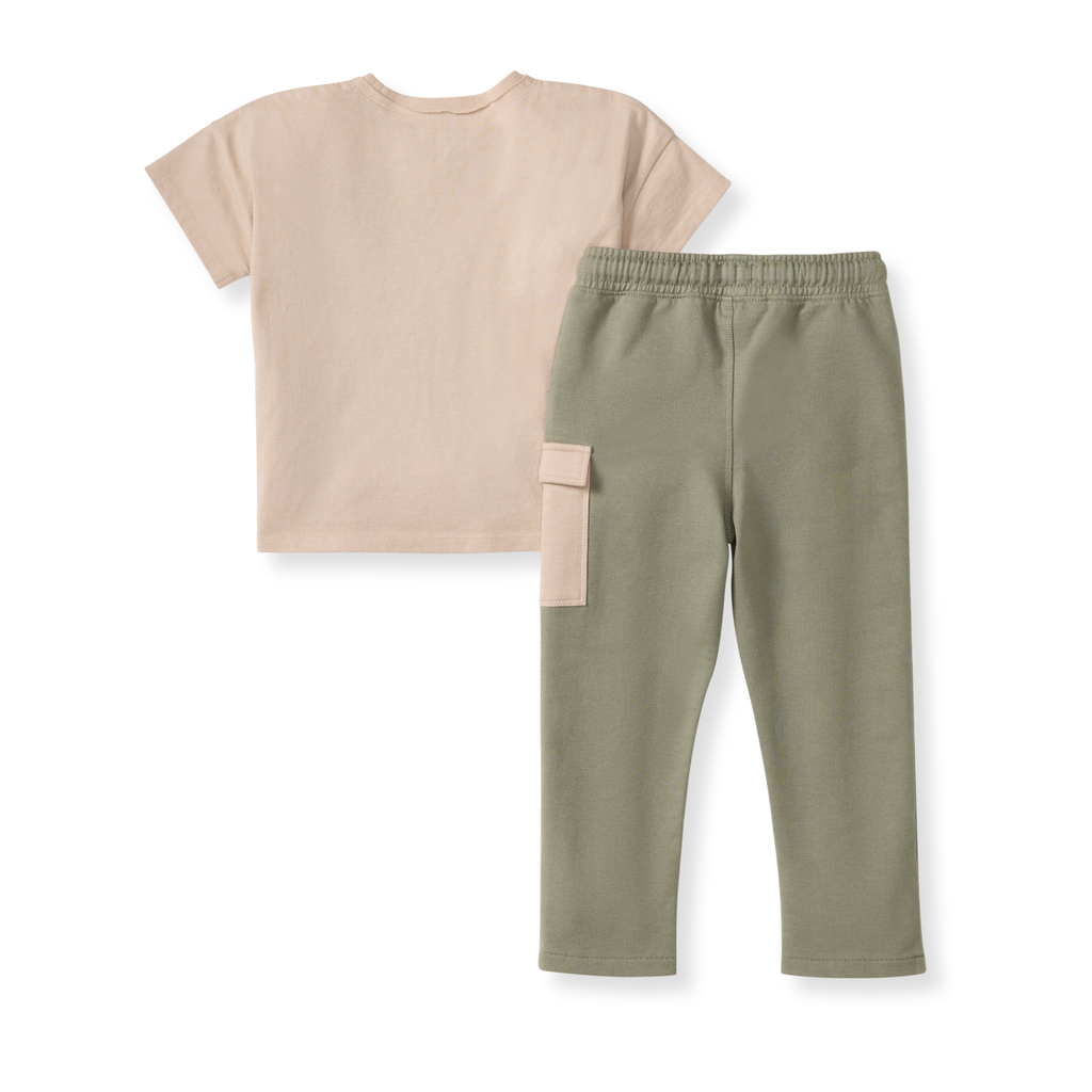 Burt's Bees Baby - Drop Shoulder Infant Boy Tee Set featuring a soft beige short-sleeve tee and olive green pants with an elastic waist and side pocket, perfect for cozy baby essentials.