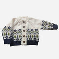 The Blueberry Hill - Fairisle Knit Cardigan, Navy | Baby Kids Fall Winter Sweater featuring a cozy knit design with navy, cream, and olive patterns, perfect for stylish kids clothing from a curated children’s boutique.