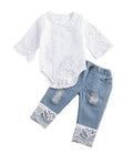 Urban Tots - Lace Flare Denim Set featuring a white lace bodysuit with bell sleeves and light blue distressed denim pants with lace flare cuffs, perfect stylish kids clothing.
