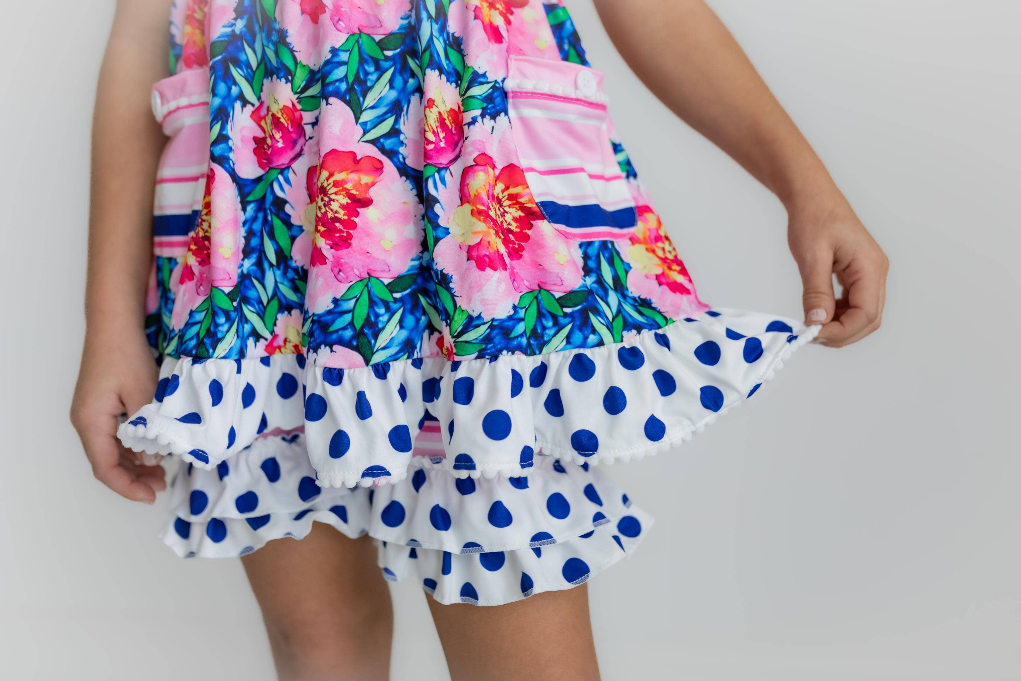Adorable Sweetness - Kids Pink Floral & Navy Polka Dot Pocket Ruffle Short Set