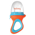 RaZbaby - RaZ Fruit Feeder & Teether - Orange & Blue designed for safe chewing and introducing fresh fruits, featuring a soft silicone feeder on a comfortable handle for babies.