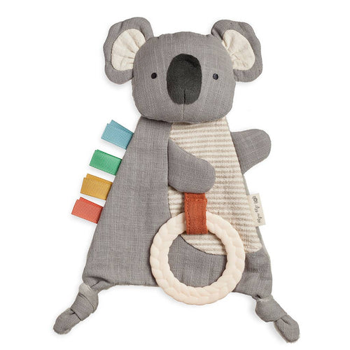Soft gray koala plush sensory toy with colorful fabric tags and a textured teether ring, designed as Itzy Ritzy - Bitzy Crinkle™ Sensory Toy with Teether: Koala for baby boutique collections.
