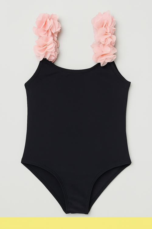 Fennco Styles - 3D Flower Straps Backless 1pc Black Little Girl Swimsuit with soft pink floral straps, perfect for stylish kids clothing and mom life essentials.