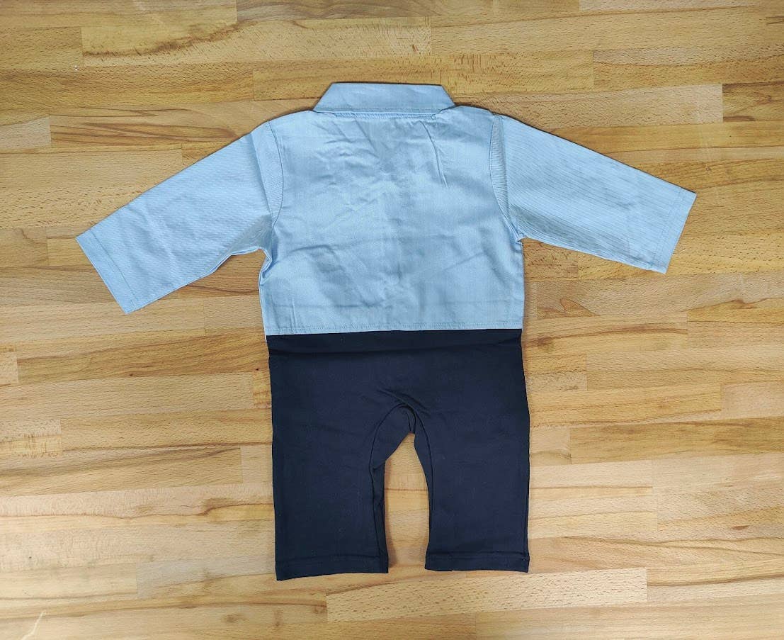 Fennco Styles - Blue Stripe Tuxedo Boy Romper & Jacket: 12-18m