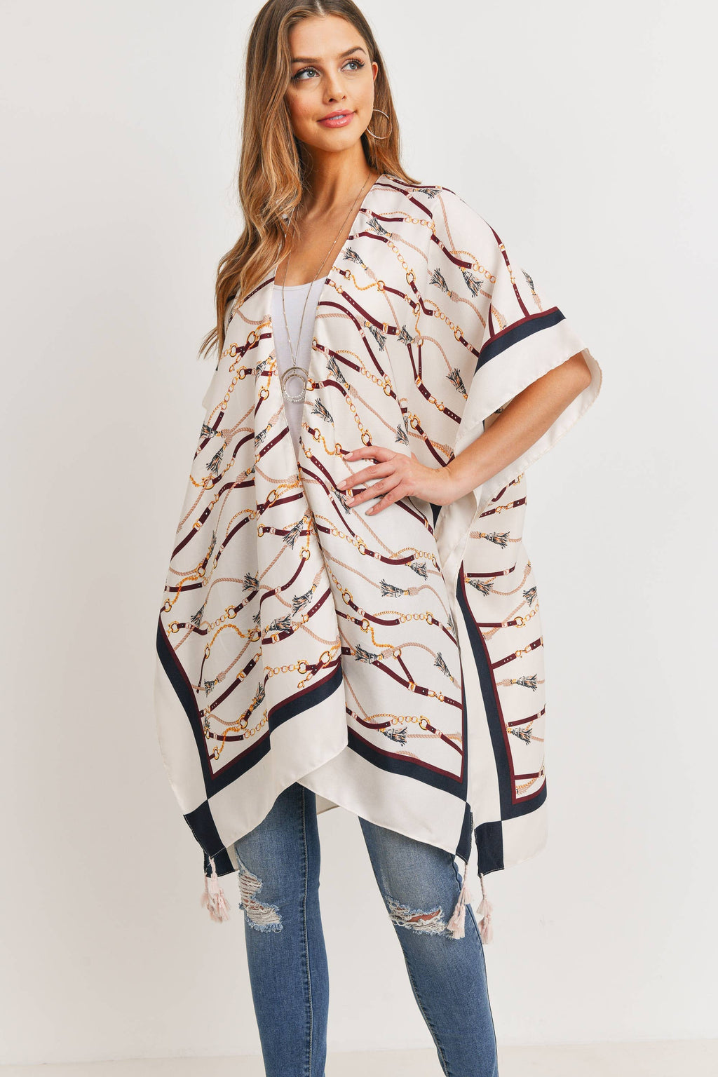 Love and Repeat - TASSEL LINE PRINTED OPEN FRONT KIMONO: MULTI