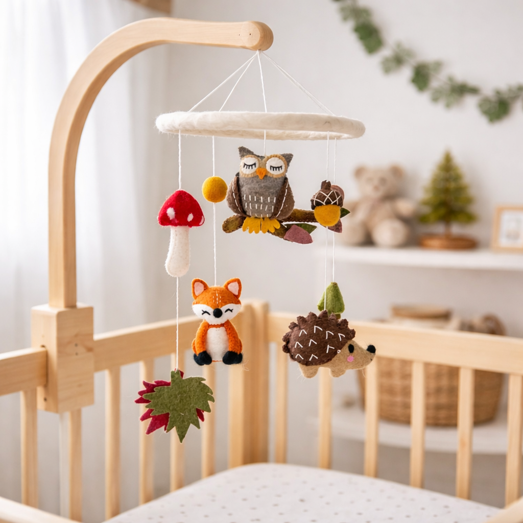 Mobile - Felt Baby - Forest Friends baby mobile with felt woodland animals and nature elements hanging over a crib, soft neutral colors in a cozy nursery setting.