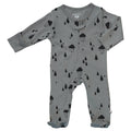 babysoy Inc - Babysoy Pattern Print Zipper Footie: Rain-Thunder in gray with black raindrop and cloud prints, featuring a front zipper for easy changing, soft breathable fabric ideal for cozy baby essentials.