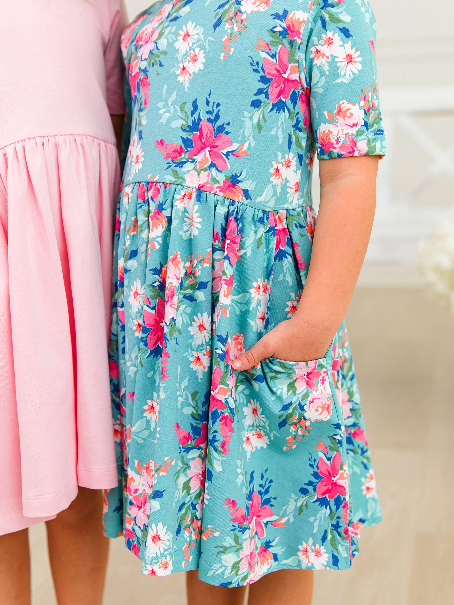 RuffleButts + RuggedButts - Girls Fancy Me Floral Short Sleeve Knit Twirl Dress
: Blue / 2T