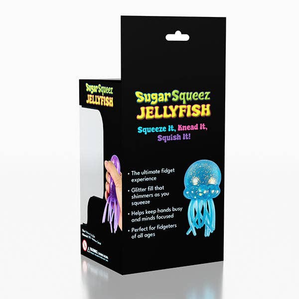Packaging of SugarSqueeze Jellyfish fidget toy with black background and colorful text.