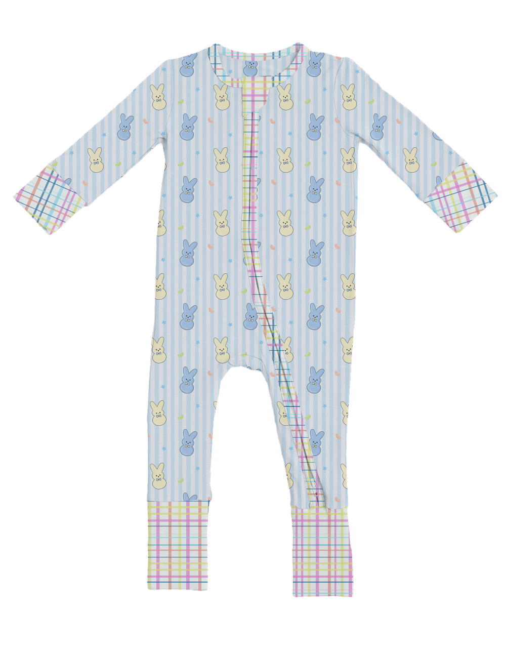 Kiki + Lulu - Peeps + Sleeps Convertible Footies featuring a soft blue striped fabric with playful pastel bunny prints and colorful plaid trim, perfect for cozy baby essentials.