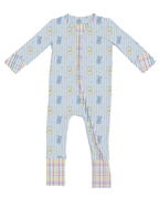 Kiki + Lulu - Peeps + Sleeps Convertible Footies featuring a soft blue striped fabric with playful pastel bunny prints and colorful plaid trim, perfect for cozy baby essentials.