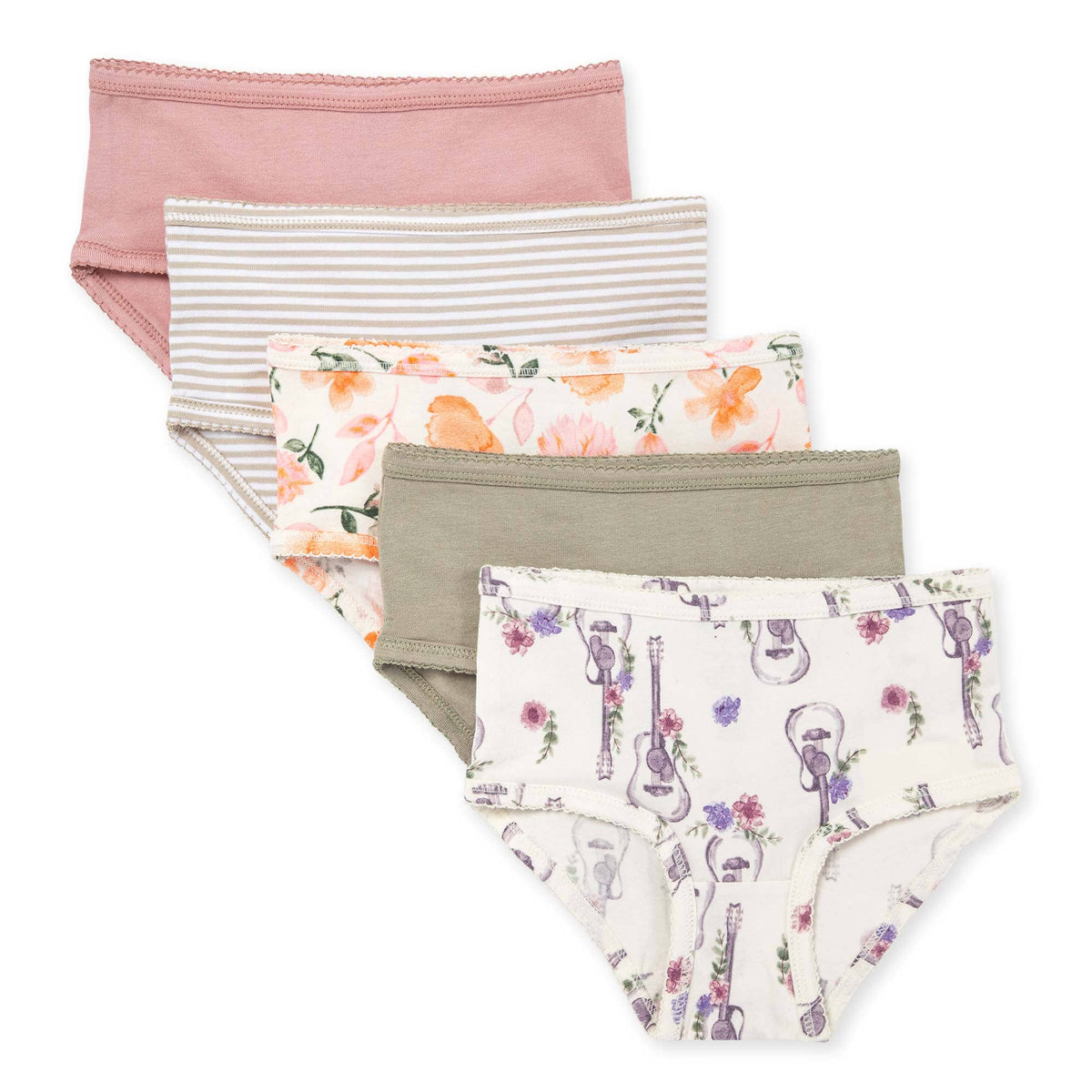 Set of five girl's underwear with different patterns on a white background