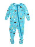 RuffleButts + RuggedButts - SoftSnooze™ Baby Boys Bamboo Viscose Puppy Playtime Footed One Piece Pajama: Blue in breathable soft fabric with playful dog prints, perfect for cozy baby essentials.