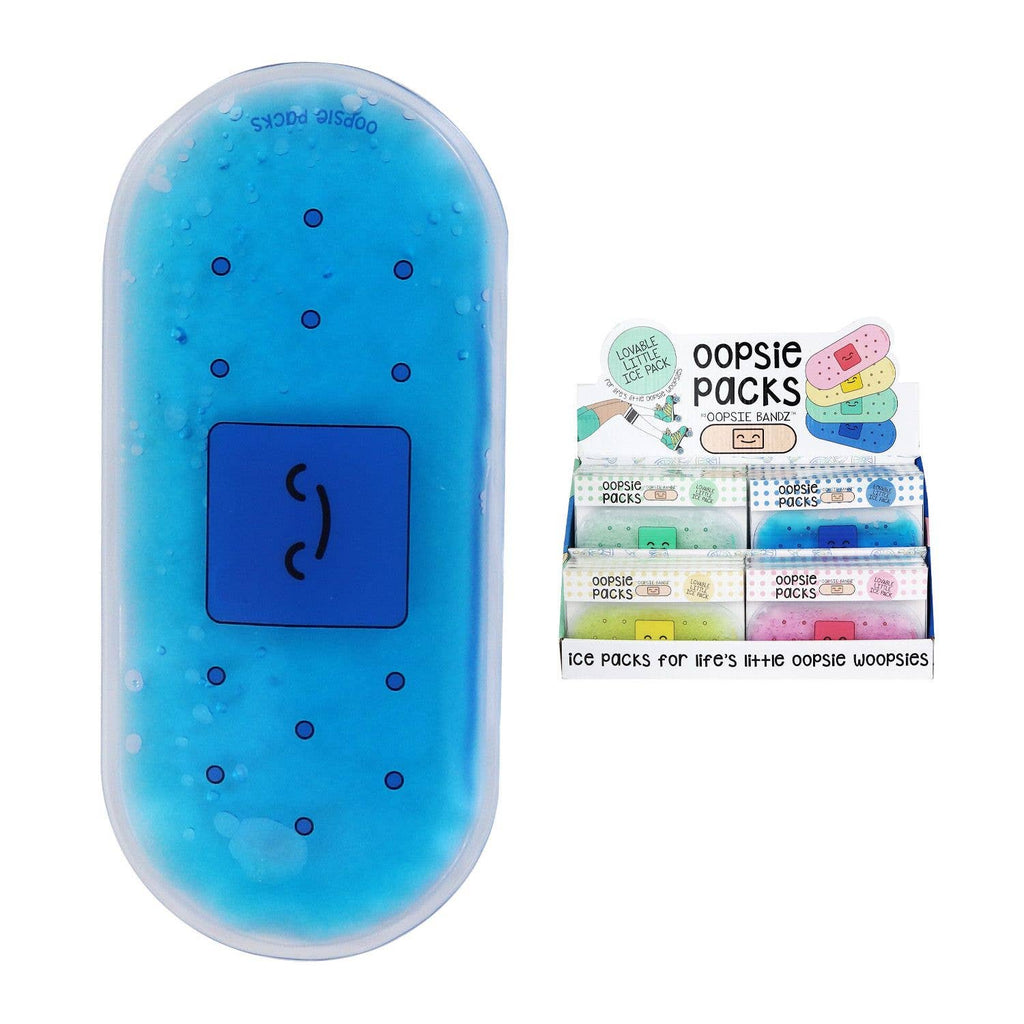 Blue gel ice pack with a simple smiling face design, part of the Oopsie - Bandz Oopsie Packs collection, perfect for soothing kids' bumps and mom life essentials.
