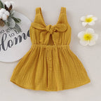 Fennco Styles - Front Tie Bowknot Gauze Cotton Girl Dress: Mustard / 2-3T