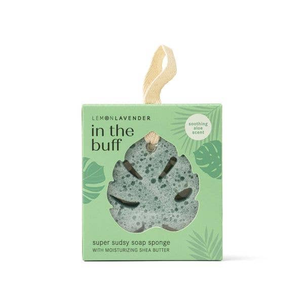 Green leaf-shaped soap sponge with moisturizing shea butter in a light green box, labeled Lemon Lavender - In The Buff Super Sudsy Soap Sponge, featuring a soothing aloe scent.