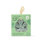 Green leaf-shaped soap sponge with moisturizing shea butter in a light green box, labeled Lemon Lavender - In The Buff Super Sudsy Soap Sponge, featuring a soothing aloe scent.