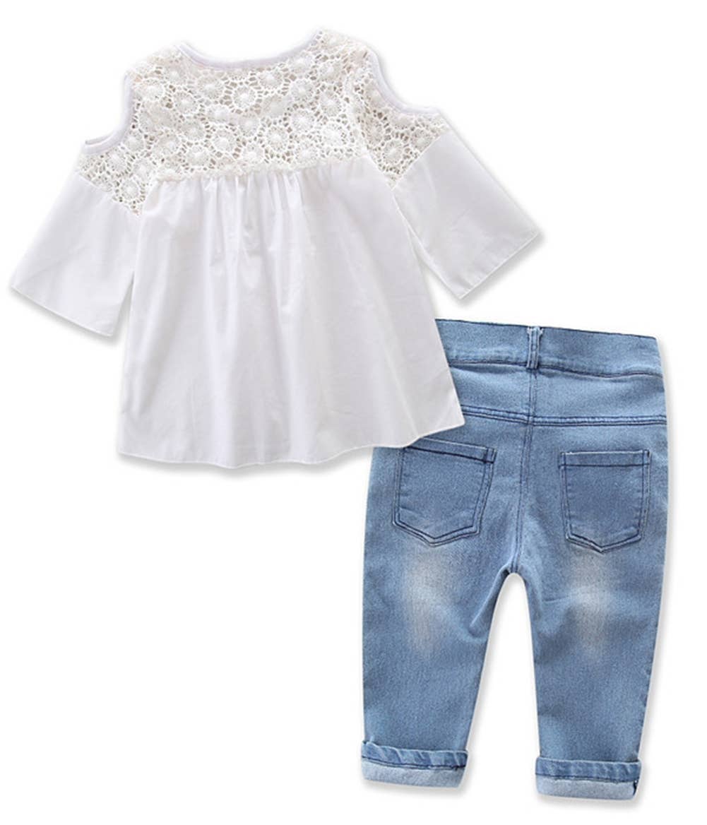 Fennco Styles - Lace Off Shoulder 3/4 Sleeve Blouse & Jeans 2pcs Girl Outfit: 3-4T