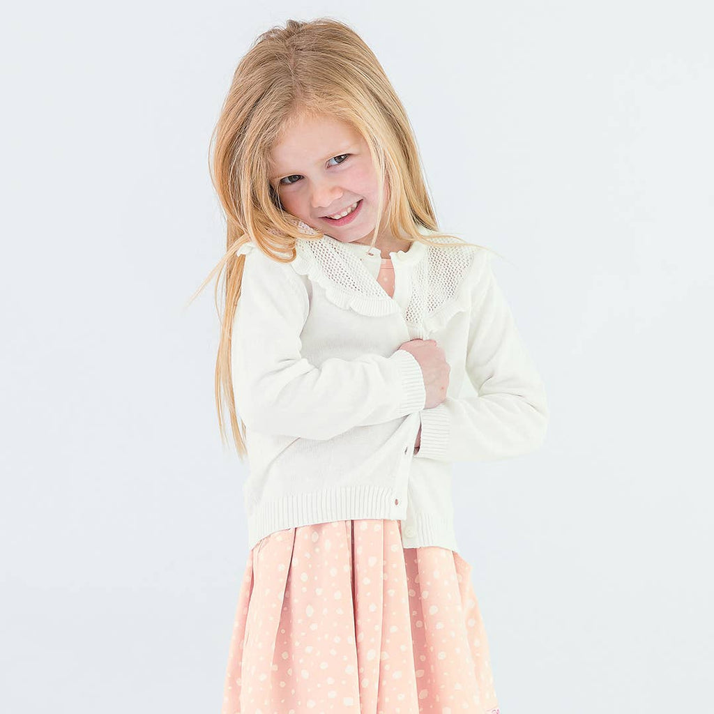 RuffleButts + RuggedButts - Girls Off-White Sweater Knit Ruffle Trim Cardigan
: White / 2T