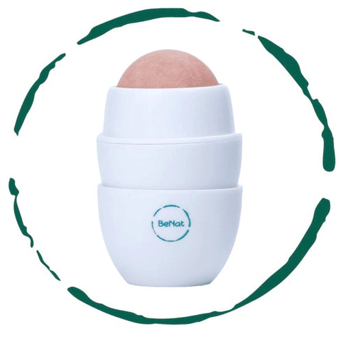 BeNat - Volcanic Stone Oil-Absorbing Face Roller with smooth rounded stone in white compact holder, designed for refreshing skin and oily skin care in a stylish essential form.